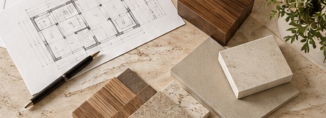 Denah interior, sampel kayu, dan pilihan material dari mockup Lavrenti